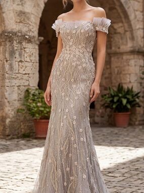 Terani Couture Strapless Beaded Floral Evening Gown